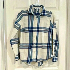 Old Navy Women Flannel Sz XS Button Up Western Plaid Blue White Longsleeve